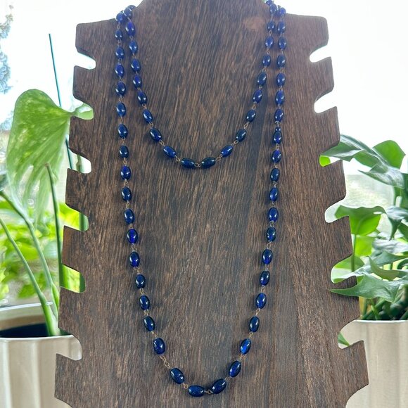 Brilliant Deep Blue Ethnic Hand-Made Glass Beads Necklace Wired 41" Long - Picture 7 of 10